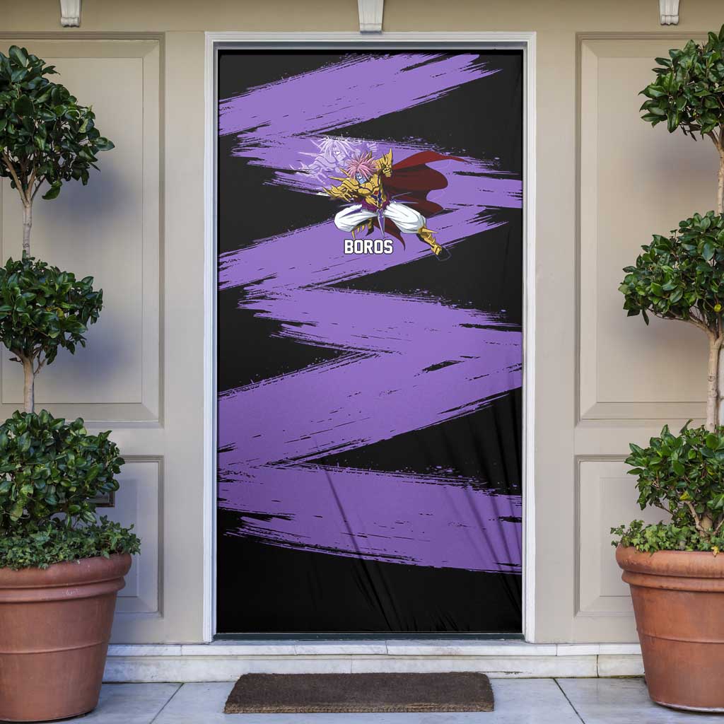 Boros One Punch Man Anime Purple and Black Theme Door Cover with Galactic Overlord Design and Intense Battle Stance - The Mazicc