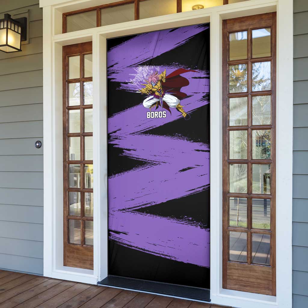 Boros One Punch Man Anime Purple and Black Theme Door Cover with Galactic Overlord Design and Intense Battle Stance - The Mazicc
