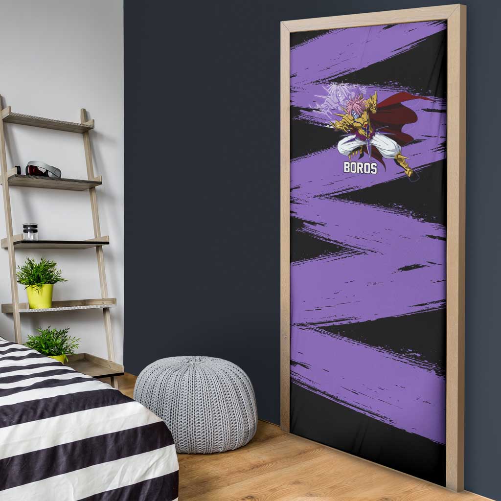 Boros One Punch Man Anime Purple and Black Theme Door Cover with Galactic Overlord Design and Intense Battle Stance - The Mazicc