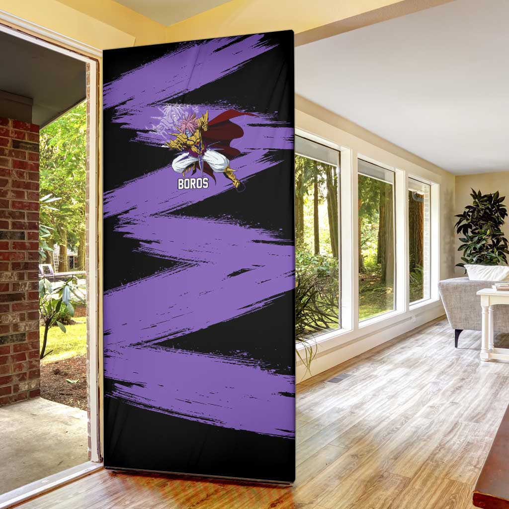 Boros One Punch Man Anime Purple and Black Theme Door Cover with Galactic Overlord Design and Intense Battle Stance - The Mazicc