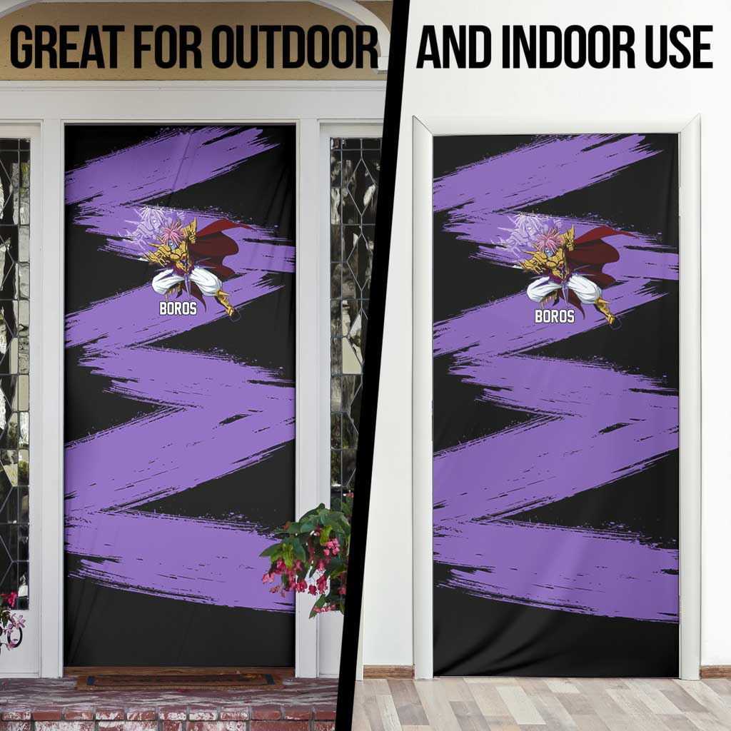 Boros One Punch Man Anime Purple and Black Theme Door Cover with Galactic Overlord Design and Intense Battle Stance - The Mazicc