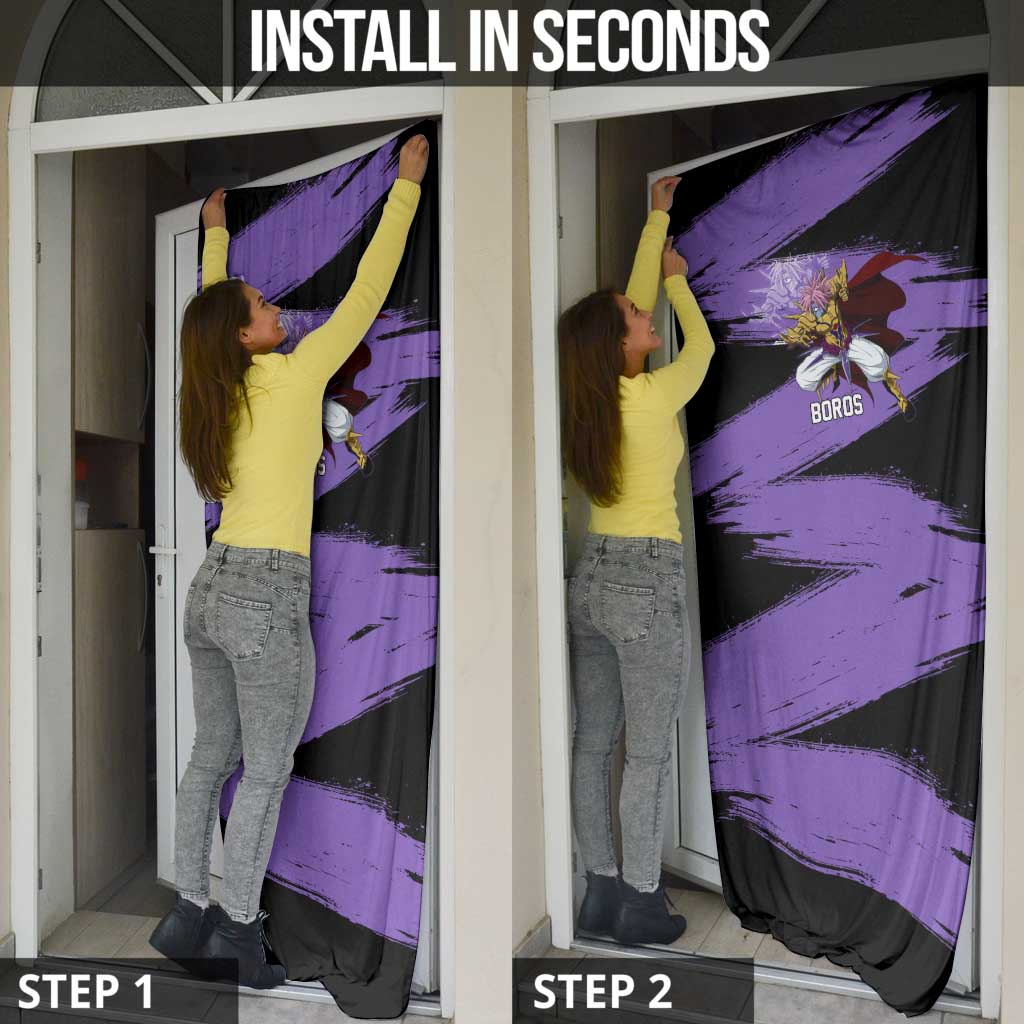 Boros One Punch Man Anime Purple and Black Theme Door Cover with Galactic Overlord Design and Intense Battle Stance - The Mazicc