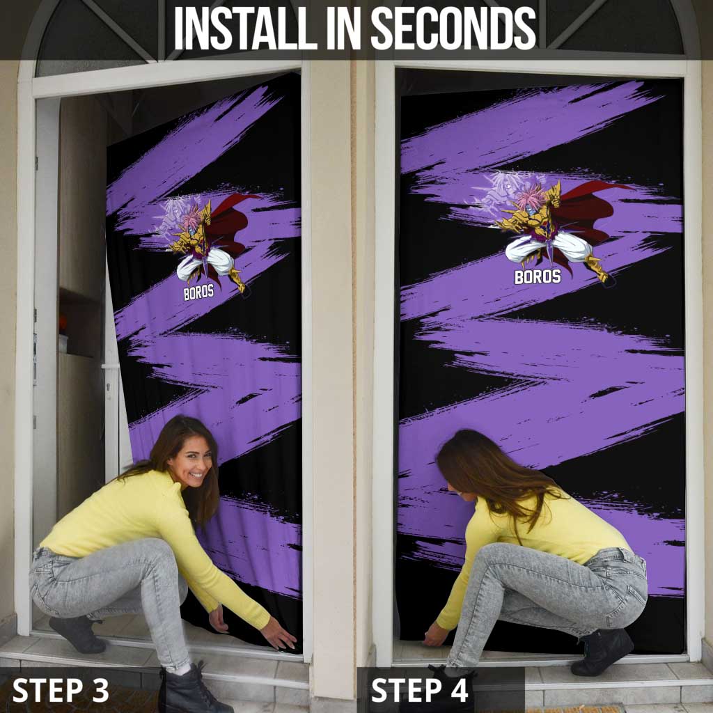Boros One Punch Man Anime Purple and Black Theme Door Cover with Galactic Overlord Design and Intense Battle Stance - The Mazicc