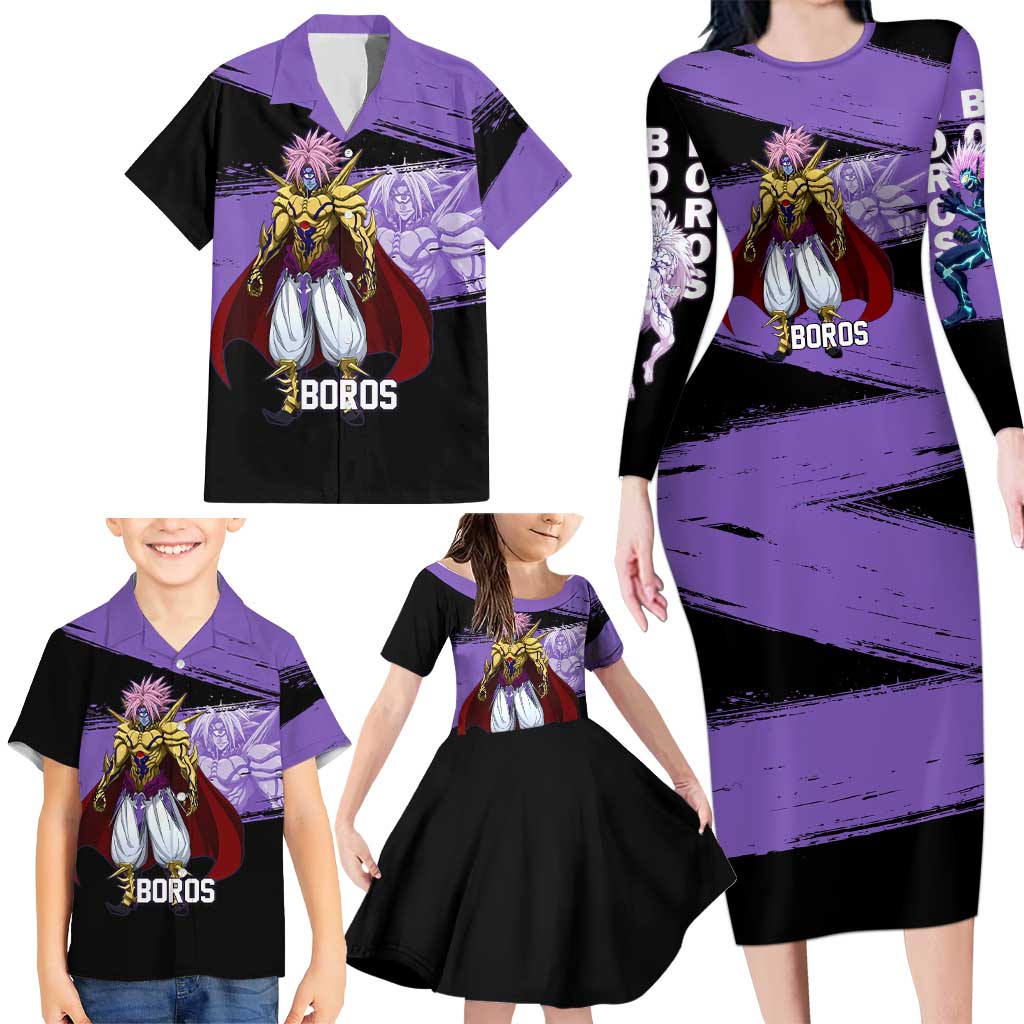 Boros One Punch Man Anime Purple and Black Theme Family Matching Long Sleeve Bodycon Dress and Hawaiian Shirt with Galactic Overlord Design and Intense Battle Stance