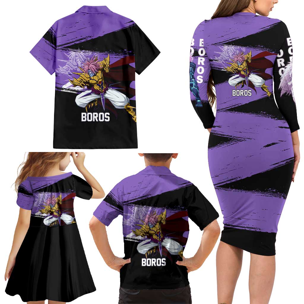 Boros One Punch Man Anime Purple and Black Theme Family Matching Long Sleeve Bodycon Dress and Hawaiian Shirt with Galactic Overlord Design and Intense Battle Stance