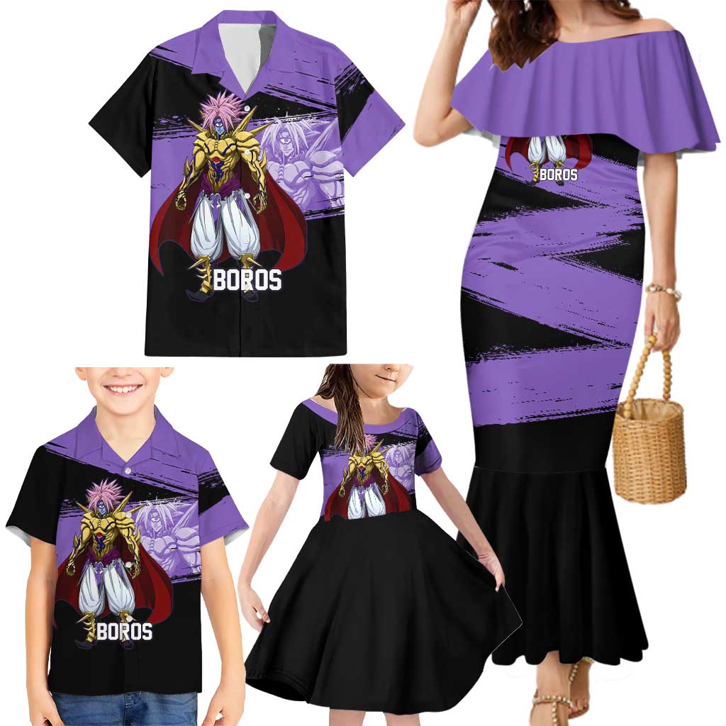 Boros One Punch Man Anime Purple and Black Theme Family Matching Mermaid Dress and Hawaiian Shirt with Galactic Overlord Design and Intense Battle Stance