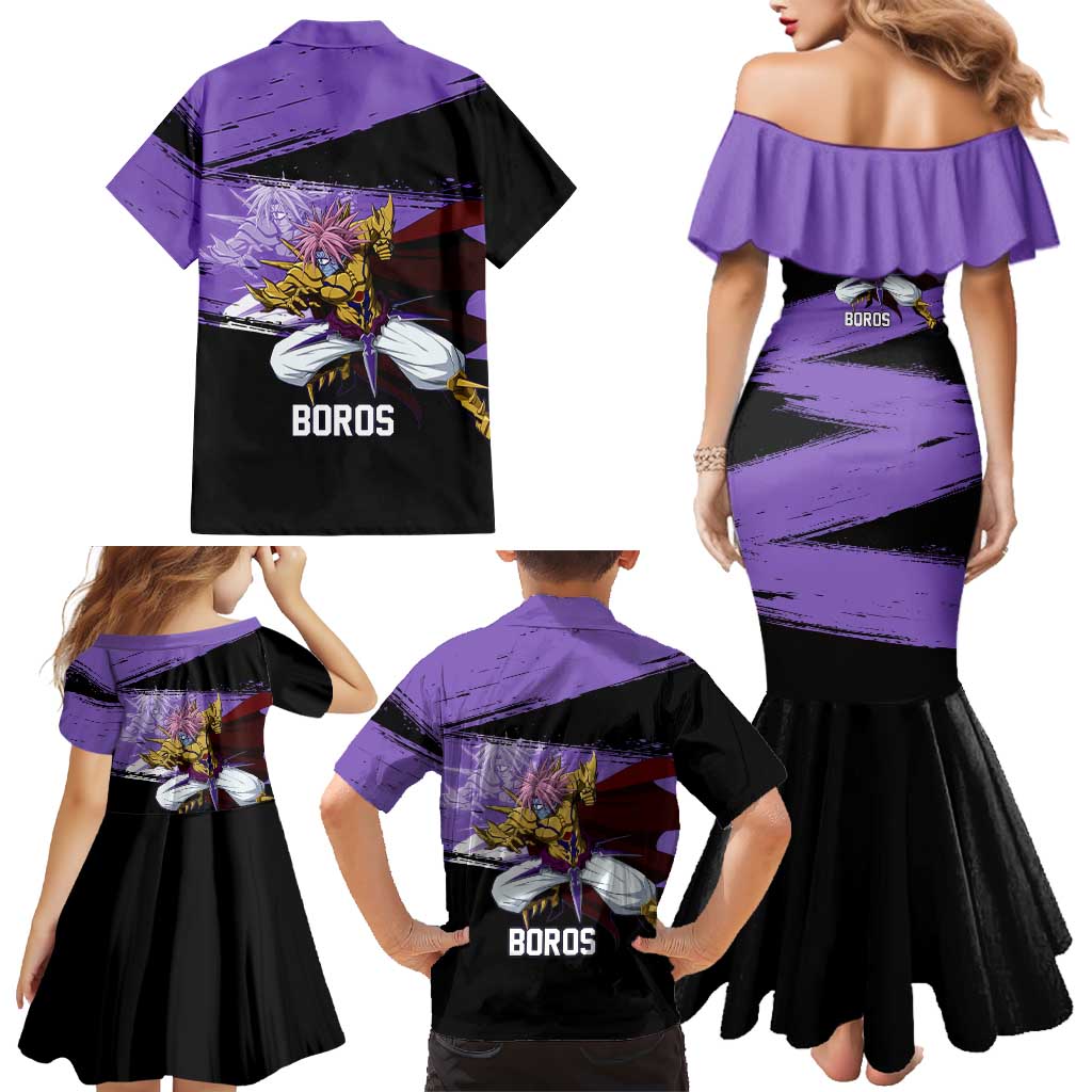 Boros One Punch Man Anime Purple and Black Theme Family Matching Mermaid Dress and Hawaiian Shirt with Galactic Overlord Design and Intense Battle Stance