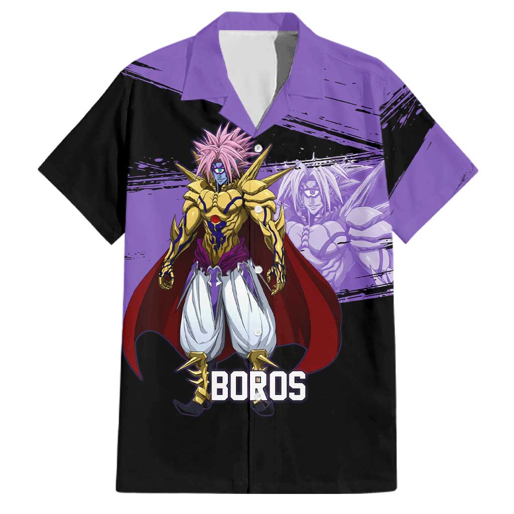 Boros One Punch Man Anime Purple and Black Theme Family Matching Mermaid Dress and Hawaiian Shirt with Galactic Overlord Design and Intense Battle Stance