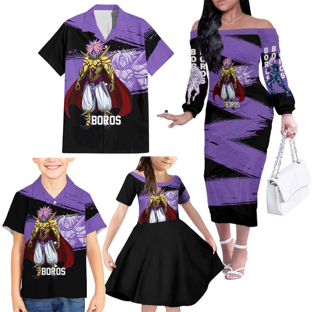 Boros One Punch Man Anime Purple and Black Theme Family Matching Off The Shoulder Long Sleeve Dress and Hawaiian Shirt with Galactic Overlord Design and Intense Battle Stance
