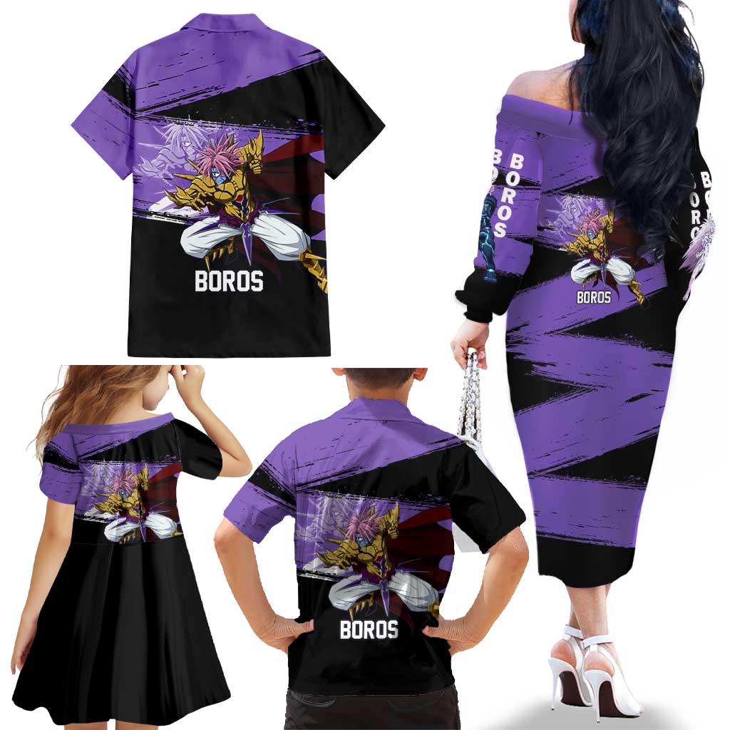 Boros One Punch Man Anime Purple and Black Theme Family Matching Off The Shoulder Long Sleeve Dress and Hawaiian Shirt with Galactic Overlord Design and Intense Battle Stance