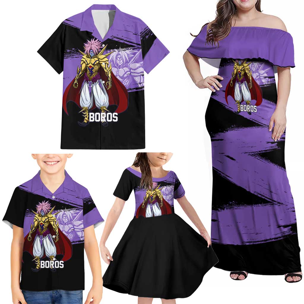 Boros One Punch Man Anime Purple and Black Theme Family Matching Off Shoulder Maxi Dress and Hawaiian Shirt with Galactic Overlord Design and Intense Battle Stance