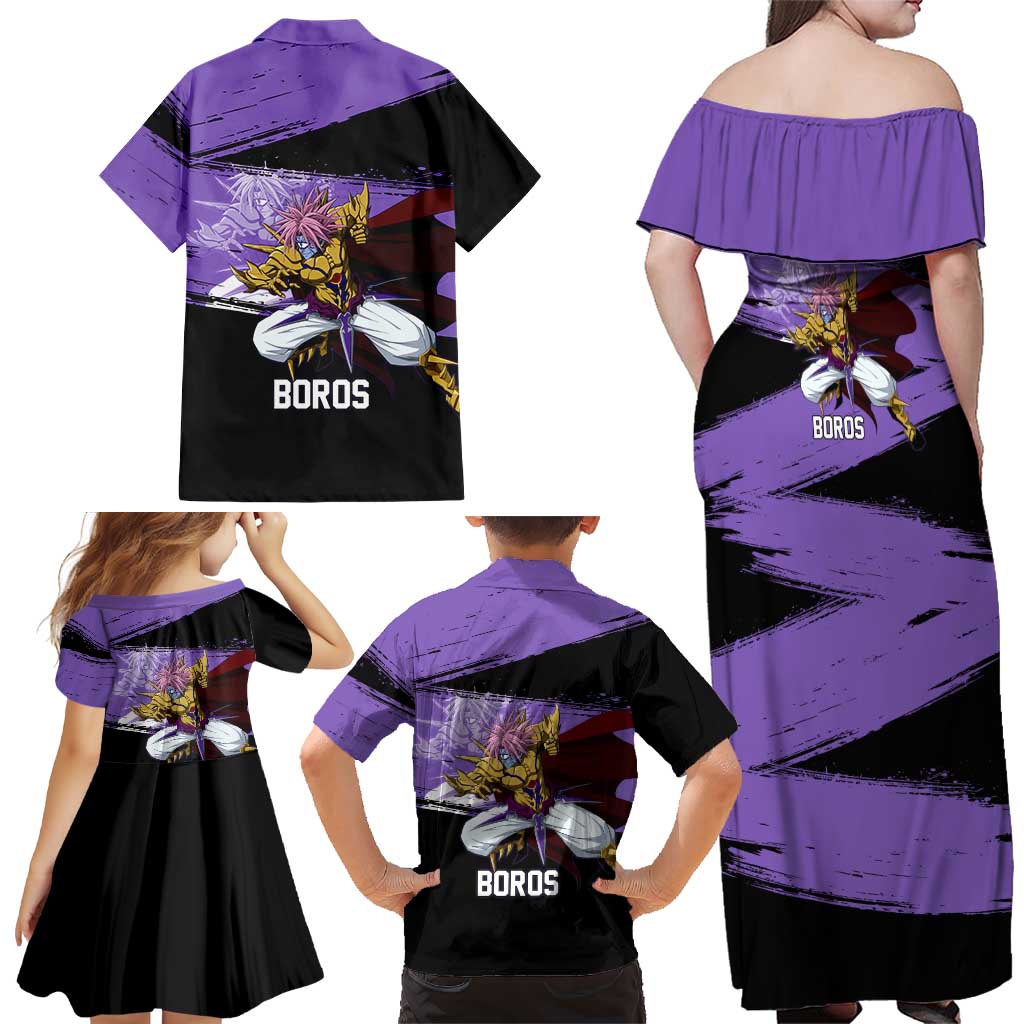 Boros One Punch Man Anime Purple and Black Theme Family Matching Off Shoulder Maxi Dress and Hawaiian Shirt with Galactic Overlord Design and Intense Battle Stance
