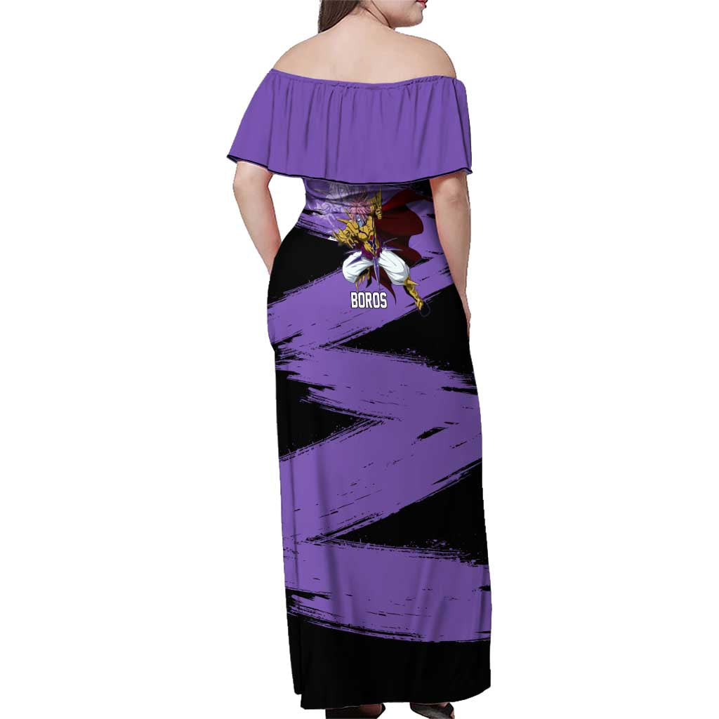 Boros One Punch Man Anime Purple and Black Theme Family Matching Off Shoulder Maxi Dress and Hawaiian Shirt with Galactic Overlord Design and Intense Battle Stance