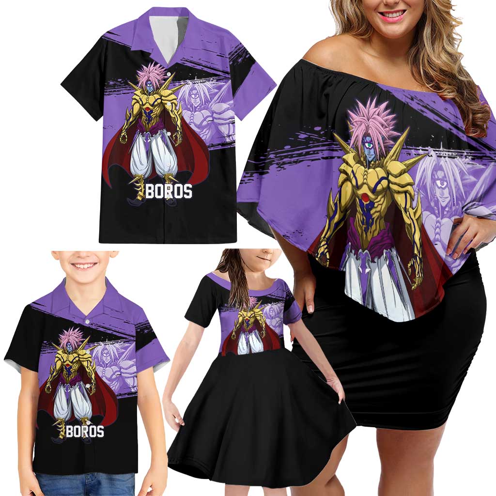 Boros One Punch Man Anime Purple and Black Theme Family Matching Off Shoulder Short Dress and Hawaiian Shirt with Galactic Overlord Design and Intense Battle Stance