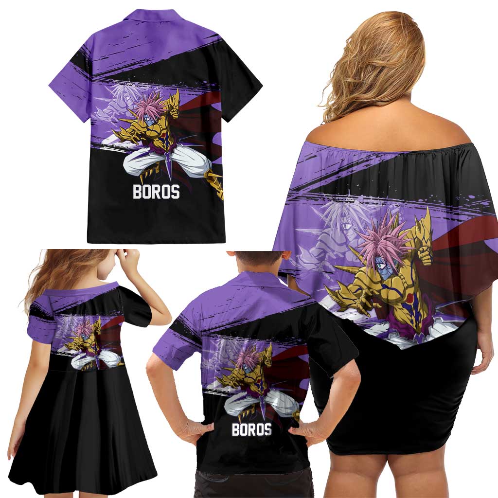Boros One Punch Man Anime Purple and Black Theme Family Matching Off Shoulder Short Dress and Hawaiian Shirt with Galactic Overlord Design and Intense Battle Stance