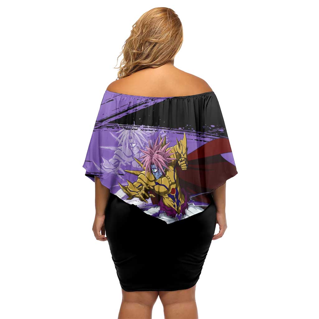Boros One Punch Man Anime Purple and Black Theme Family Matching Off Shoulder Short Dress and Hawaiian Shirt with Galactic Overlord Design and Intense Battle Stance