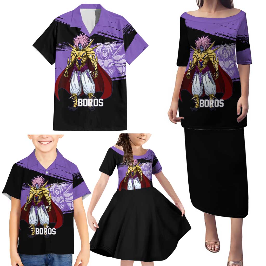 Boros One Punch Man Anime Purple and Black Theme Family Matching Puletasi and Hawaiian Shirt with Galactic Overlord Design and Intense Battle Stance