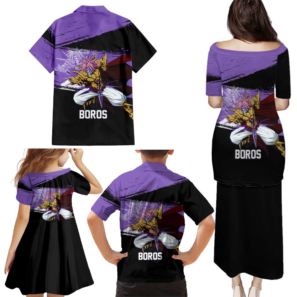 Boros One Punch Man Anime Purple and Black Theme Family Matching Puletasi and Hawaiian Shirt with Galactic Overlord Design and Intense Battle Stance