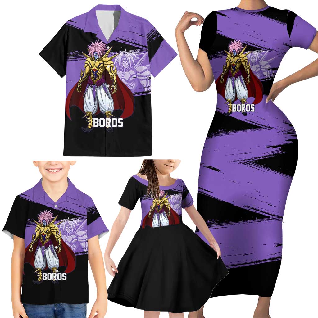 Boros One Punch Man Anime Purple and Black Theme Family Matching Short Sleeve Bodycon Dress and Hawaiian Shirt with Galactic Overlord Design and Intense Battle Stance