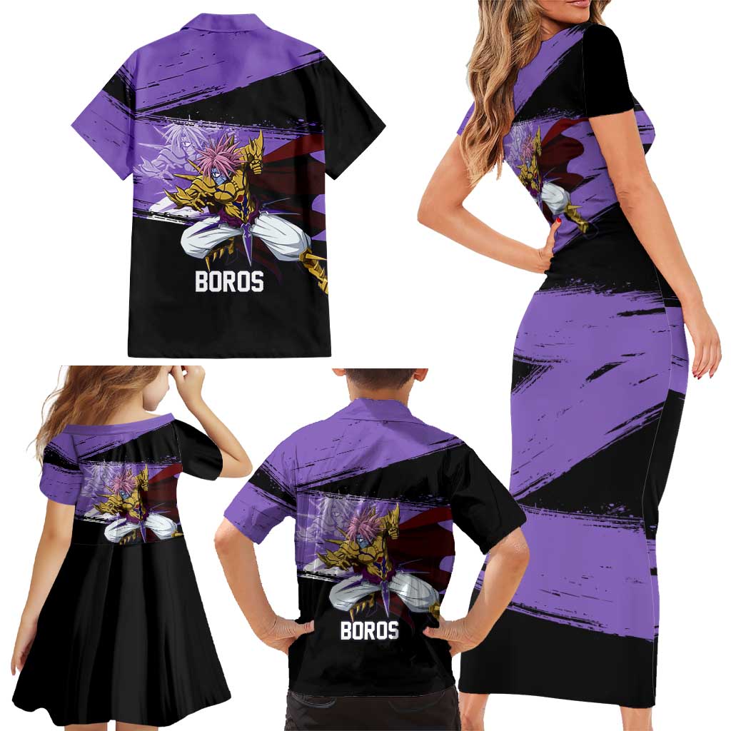 Boros One Punch Man Anime Purple and Black Theme Family Matching Short Sleeve Bodycon Dress and Hawaiian Shirt with Galactic Overlord Design and Intense Battle Stance
