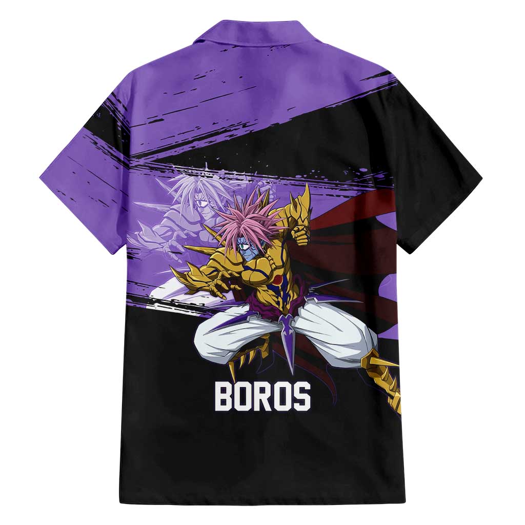 Boros One Punch Man Anime Purple and Black Theme Family Matching Short Sleeve Bodycon Dress and Hawaiian Shirt with Galactic Overlord Design and Intense Battle Stance