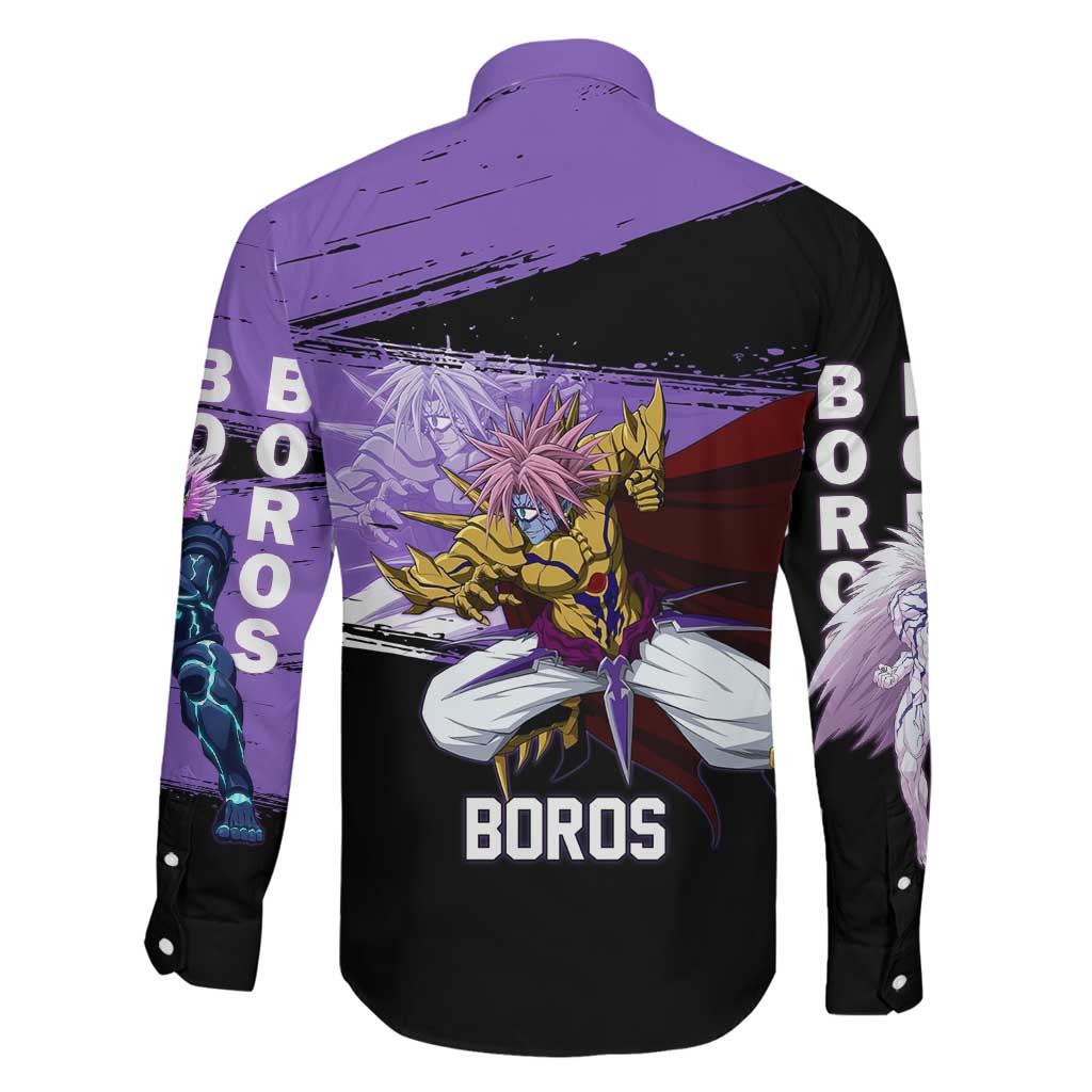 Boros One Punch Man Anime Purple and Black Theme Family Matching Short Sleeve Bodycon Dress and Hawaiian Shirt with Galactic Overlord Design and Intense Battle Stance