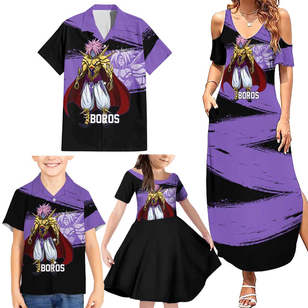 Boros One Punch Man Anime Purple and Black Theme Family Matching Summer Maxi Dress and Hawaiian Shirt with Galactic Overlord Design and Intense Battle Stance
