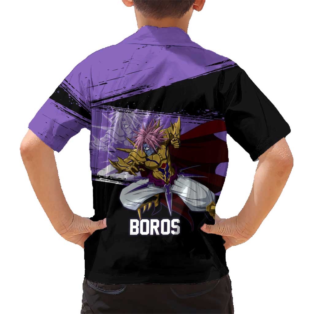 Boros One Punch Man Anime Purple and Black Theme Family Matching Summer Maxi Dress and Hawaiian Shirt with Galactic Overlord Design and Intense Battle Stance