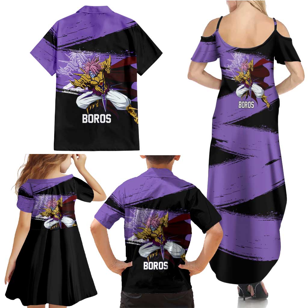 Boros One Punch Man Anime Purple and Black Theme Family Matching Summer Maxi Dress and Hawaiian Shirt with Galactic Overlord Design and Intense Battle Stance