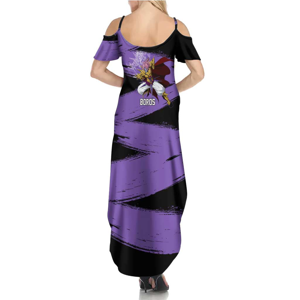 Boros One Punch Man Anime Purple and Black Theme Family Matching Summer Maxi Dress and Hawaiian Shirt with Galactic Overlord Design and Intense Battle Stance