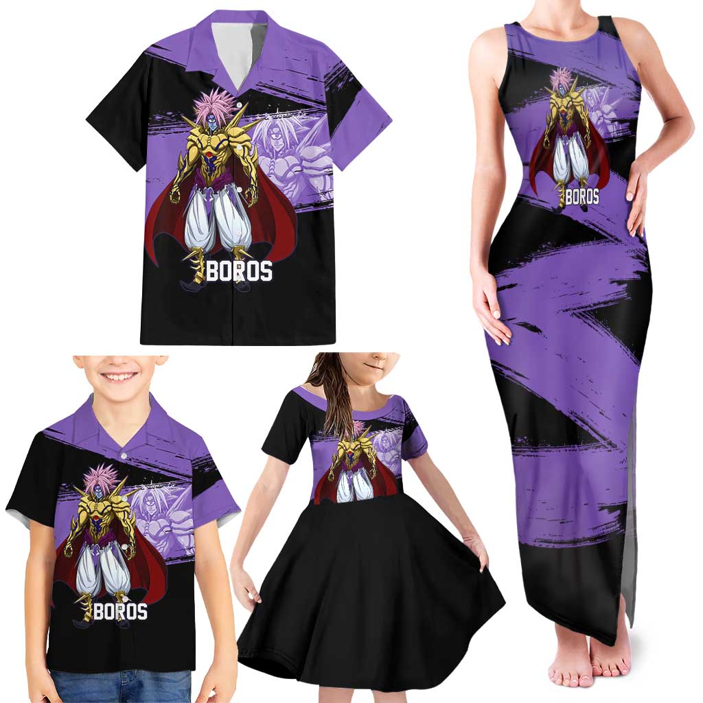 Boros One Punch Man Anime Purple and Black Theme Family Matching Tank Maxi Dress and Hawaiian Shirt with Galactic Overlord Design and Intense Battle Stance