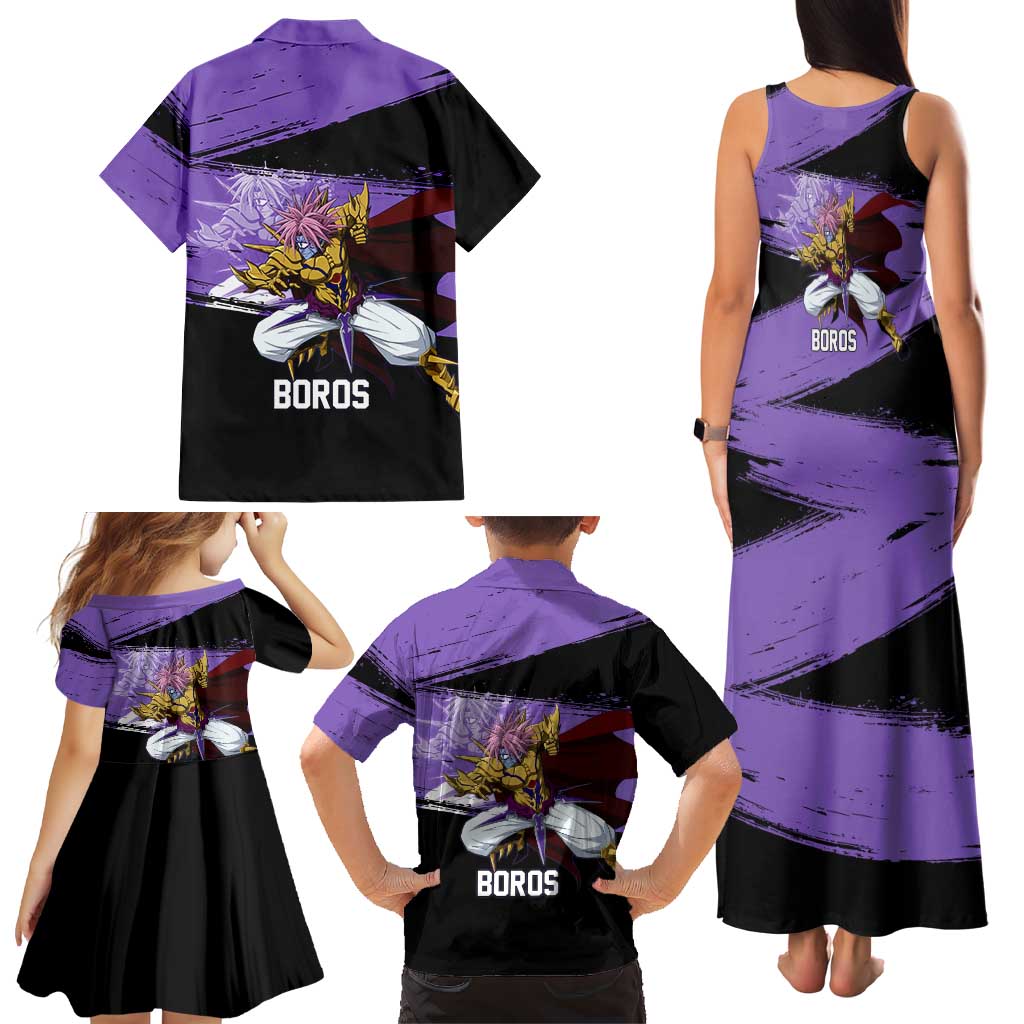 Boros One Punch Man Anime Purple and Black Theme Family Matching Tank Maxi Dress and Hawaiian Shirt with Galactic Overlord Design and Intense Battle Stance
