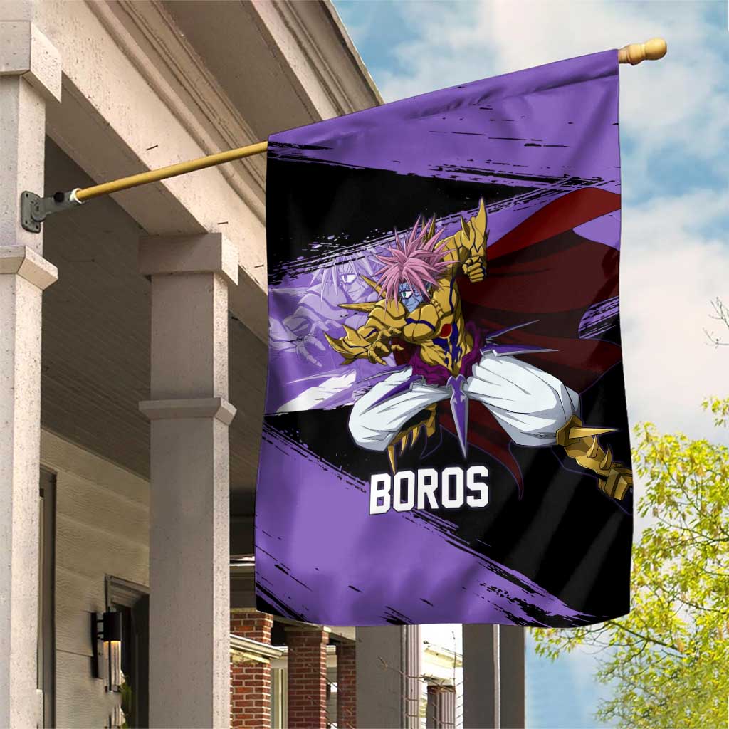 Boros One Punch Man Anime Purple and Black Theme Garden Flag with Galactic Overlord Design and Intense Battle Stance - The Mazicc