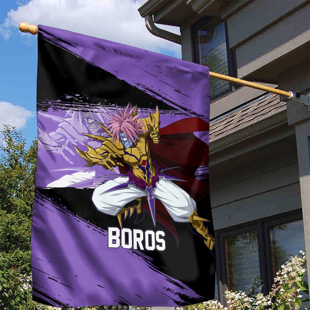 Boros One Punch Man Anime Purple and Black Theme Garden Flag with Galactic Overlord Design and Intense Battle Stance - The Mazicc