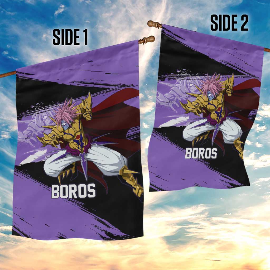 Boros One Punch Man Anime Purple and Black Theme Garden Flag with Galactic Overlord Design and Intense Battle Stance - The Mazicc