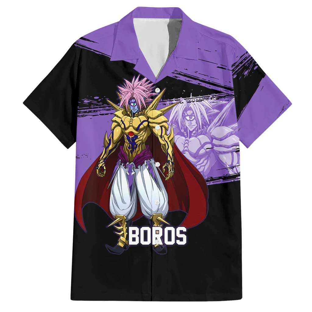 Boros One Punch Man Anime Purple and Black Theme Hawaiian Shirt with Galactic Overlord Design and Intense Battle Stance - The Mazicc