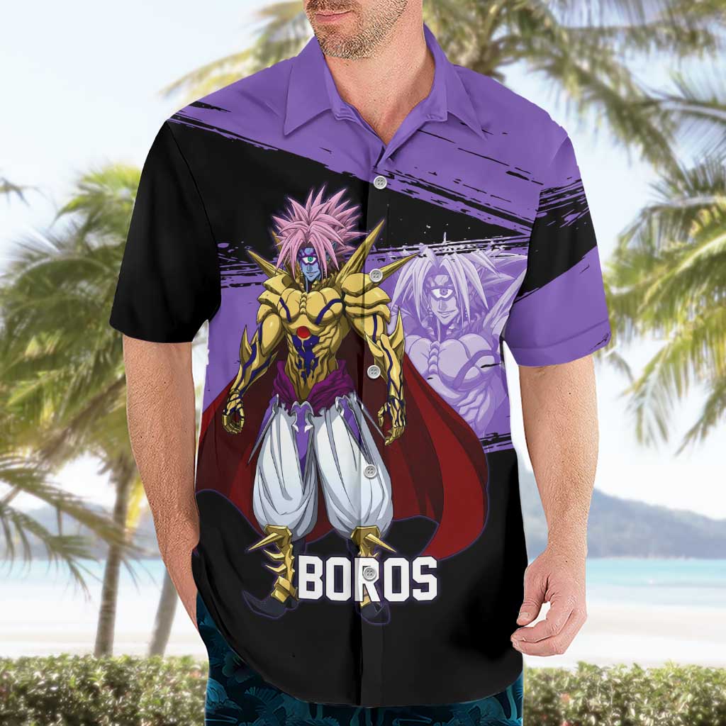 Boros One Punch Man Anime Purple and Black Theme Hawaiian Shirt with Galactic Overlord Design and Intense Battle Stance - The Mazicc