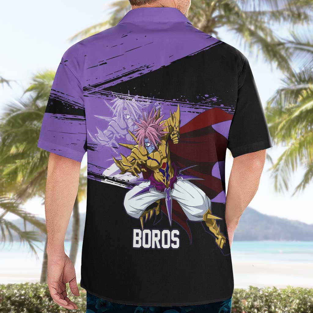 Boros One Punch Man Anime Purple and Black Theme Hawaiian Shirt with Galactic Overlord Design and Intense Battle Stance - The Mazicc