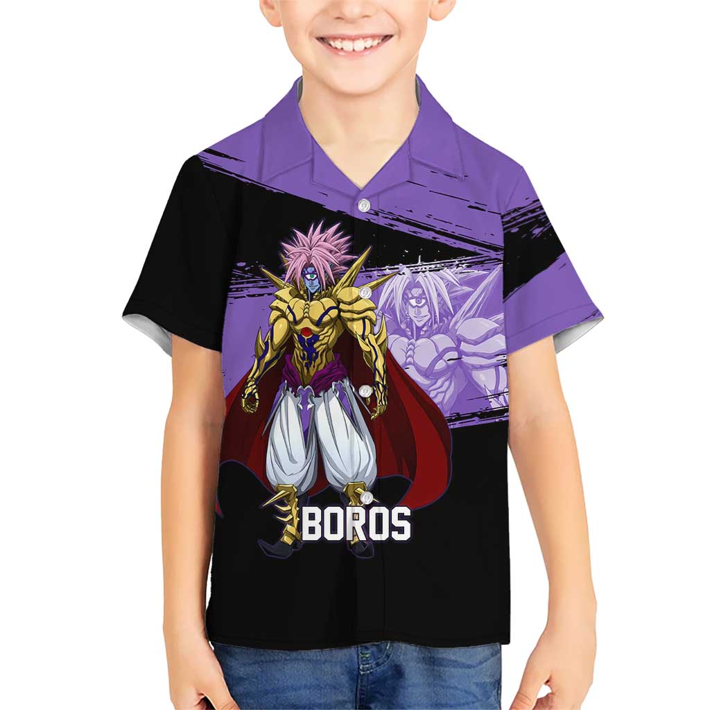 Boros One Punch Man Anime Purple and Black Theme Hawaiian Shirt with Galactic Overlord Design and Intense Battle Stance - The Mazicc
