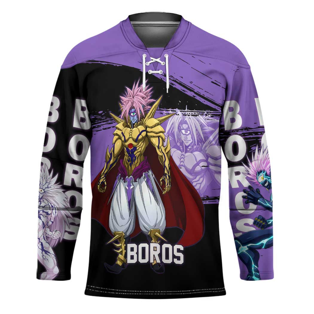 Boros One Punch Man Anime Purple and Black Theme Hockey Jersey with Galactic Overlord Design and Intense Battle Stance - The Mazicc