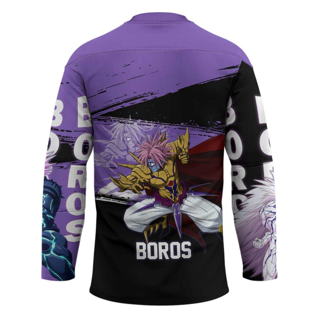 Boros One Punch Man Anime Purple and Black Theme Hockey Jersey with Galactic Overlord Design and Intense Battle Stance - The Mazicc