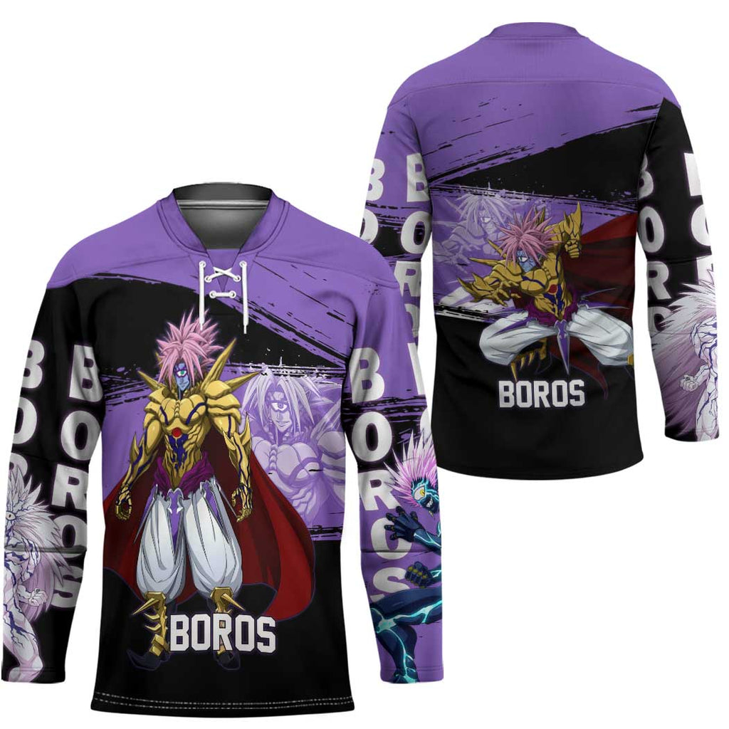 Boros One Punch Man Anime Purple and Black Theme Hockey Jersey with Galactic Overlord Design and Intense Battle Stance - The Mazicc