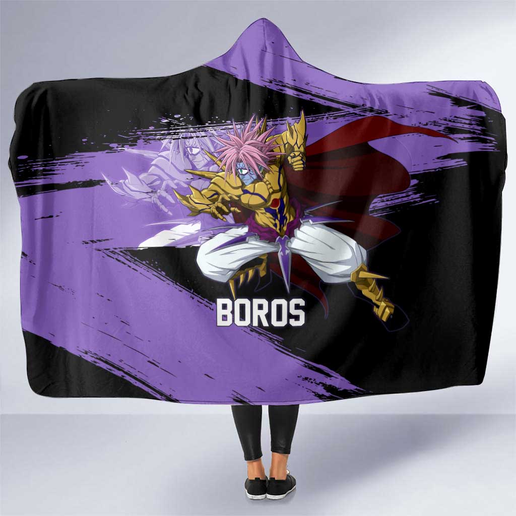 Boros One Punch Man Anime Purple and Black Theme Hooded Blanket with Galactic Overlord Design and Intense Battle Stance - The Mazicc