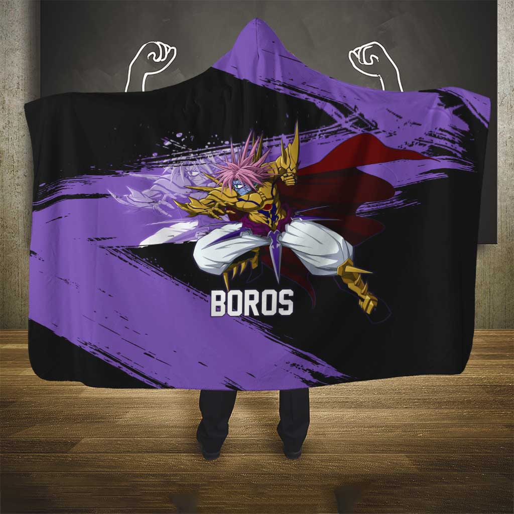 Boros One Punch Man Anime Purple and Black Theme Hooded Blanket with Galactic Overlord Design and Intense Battle Stance - The Mazicc