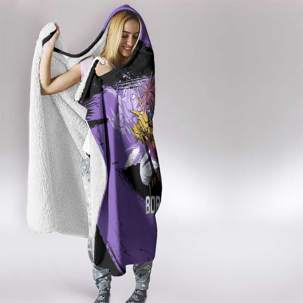 Boros One Punch Man Anime Purple and Black Theme Hooded Blanket with Galactic Overlord Design and Intense Battle Stance - The Mazicc