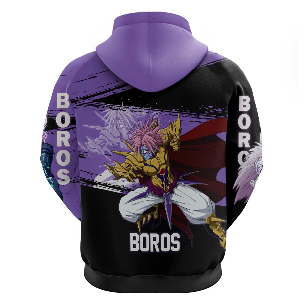 Boros One Punch Man Anime Purple and Black Theme Hoodie with Galactic Overlord Design and Intense Battle Stance - The Mazicc