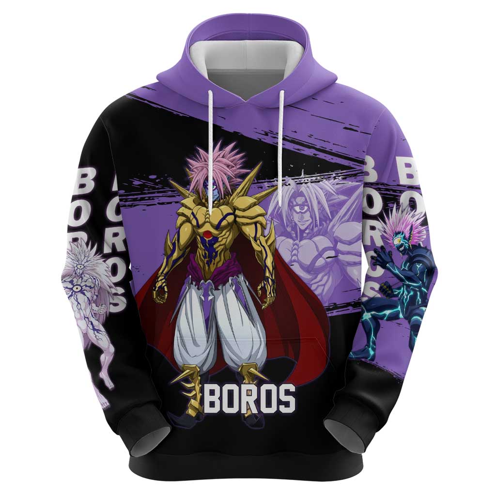 Boros One Punch Man Anime Purple and Black Theme Hoodie with Galactic Overlord Design and Intense Battle Stance - The Mazicc