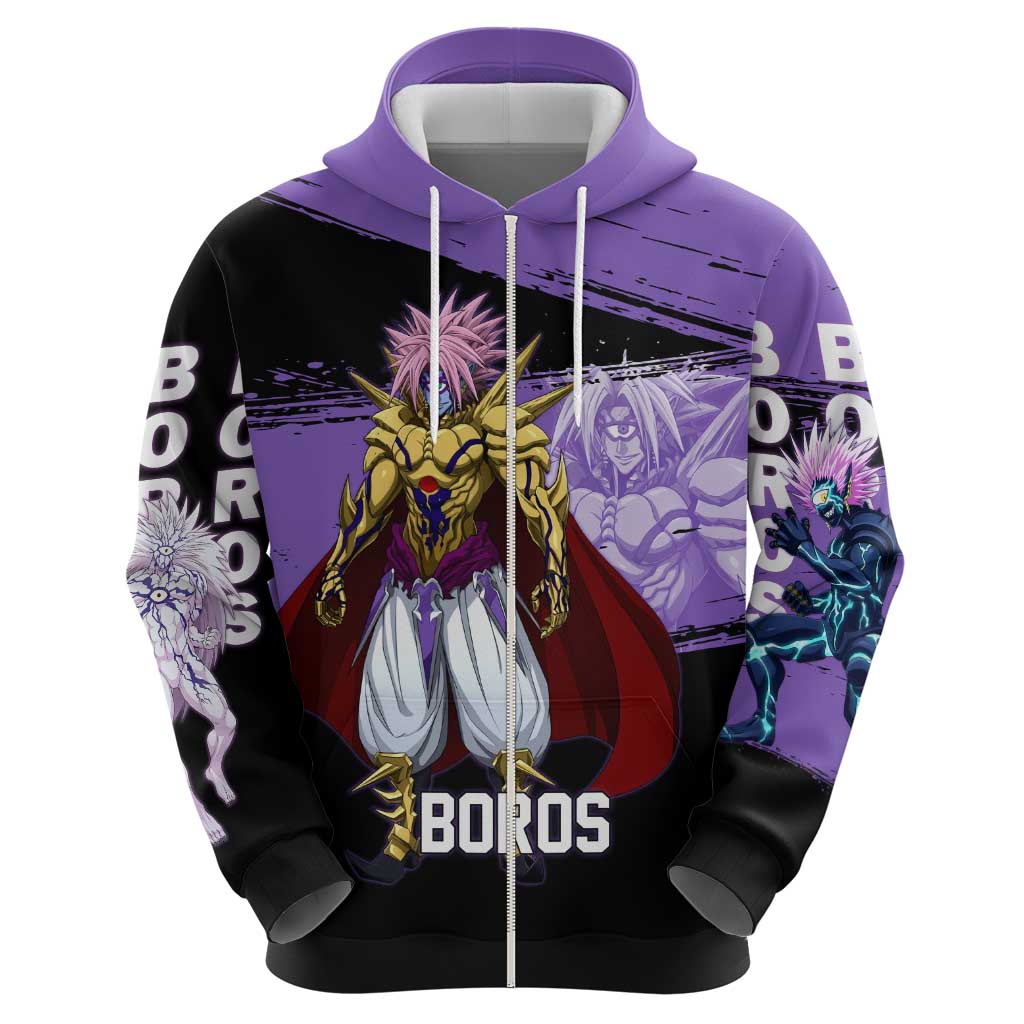 Boros One Punch Man Anime Purple and Black Theme Hoodie with Galactic Overlord Design and Intense Battle Stance - The Mazicc