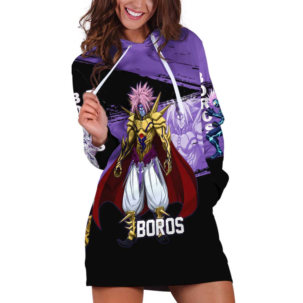 Boros One Punch Man Anime Purple and Black Theme Hoodie Dress with Galactic Overlord Design and Intense Battle Stance - The Mazicc