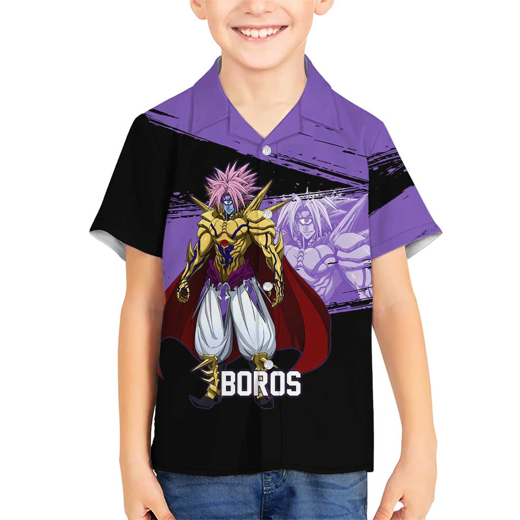 Boros One Punch Man Anime Purple and Black Theme Kid Hawaiian Shirt with Galactic Overlord Design and Intense Battle Stance - The Mazicc